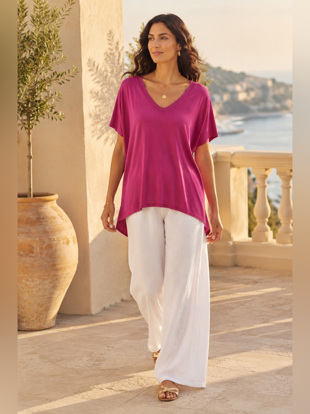 Bella Dahl Magenta V Neck Tunic Tee High Low Hem Slouchy Top L
